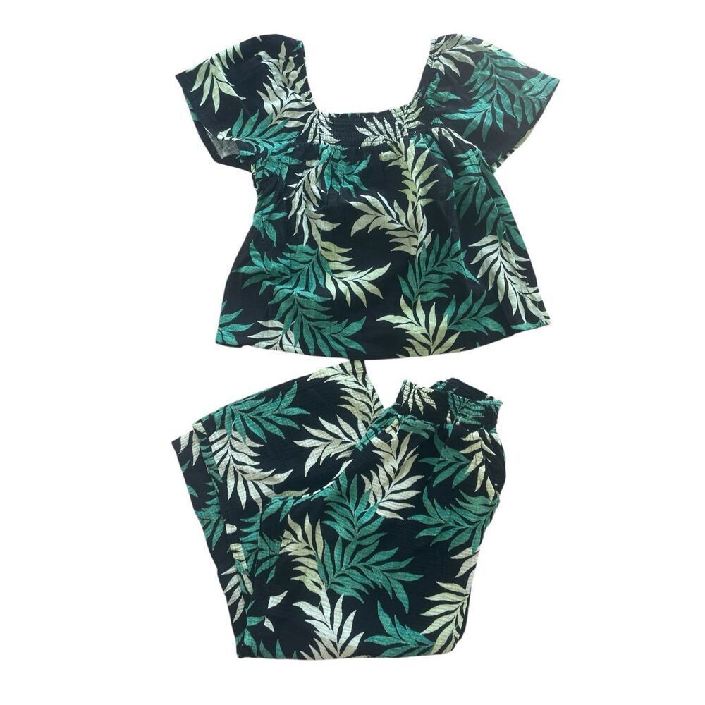 Joy Spun Gauze Cotton Palm Leaf Top Pull On Wide Leg Pant Set Women’s Small 4 6